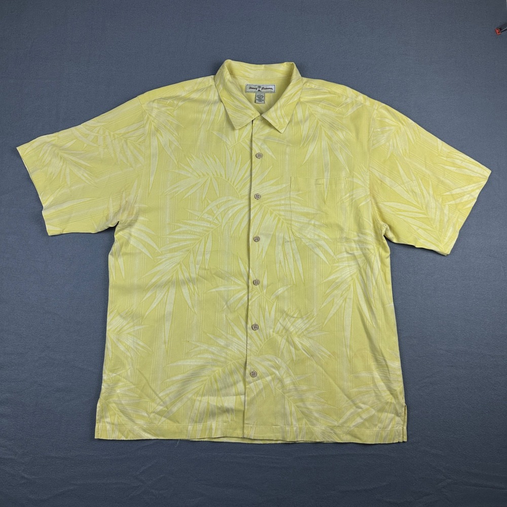 Tommy Bahama Mens Yellow Silk Cotton Palm Leaf Tropical Short Sleeve Shirt Large